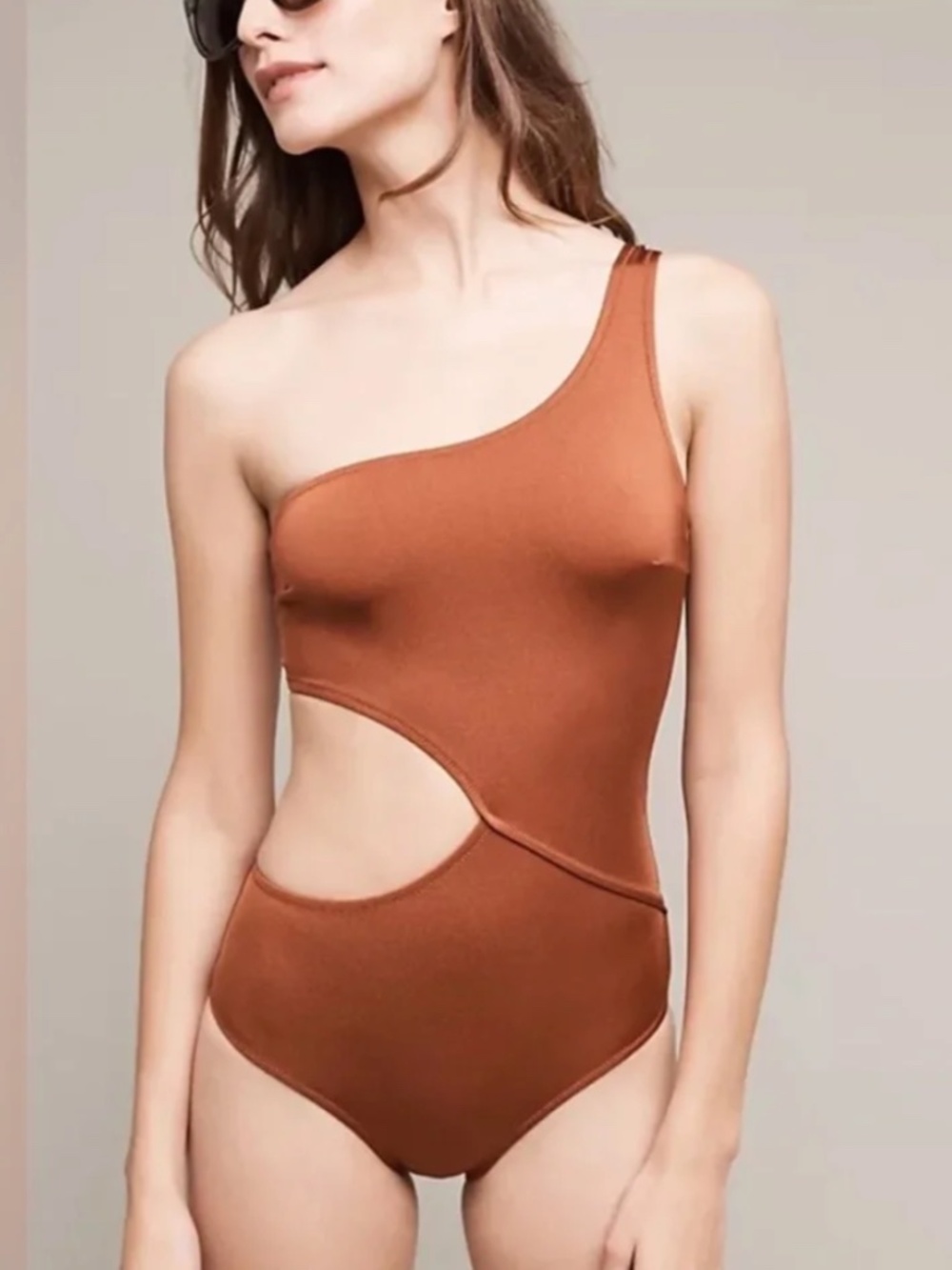 SOLID & STRIPPED Claudia One-Shoulder Cutout Swimsuit Rust Copper Bronze Small